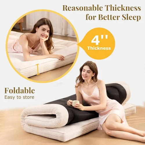 Miniatura 5 de Colchón japonés para suelo, colchón de futón de 4" de grosor tamaño Queen, almohadilla para dormir, almohadilla de suelo plegable de pana, tapete