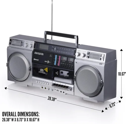 Miniatura 3 de aiwa Reproductor de CD Boombox retro con grabación de cassette, Bluetooth 5.0, radio FM/AM, entradas USB/SD/AUX, medidores VU, pantalla LCD, Plateado