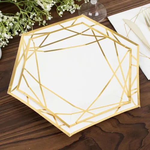 Miniatura 6 de Efavormart - Paquete de 25 platos hexagonales de papel blanco y dorado de 7 pulgadas, platos geométricos rígidos para postres y aperitivos