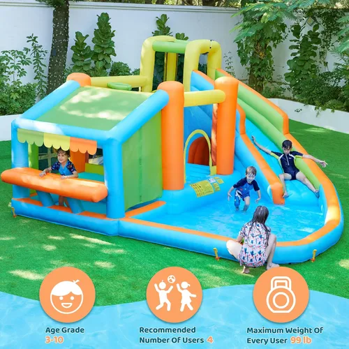 Miniatura 4 de Yaheetech - Castillo inflable de rebote para niños de 3 a 10 años W/ Splash Pool, Toy Market Stand, Bouncer Area, Slide, Climbing Wall, Storage