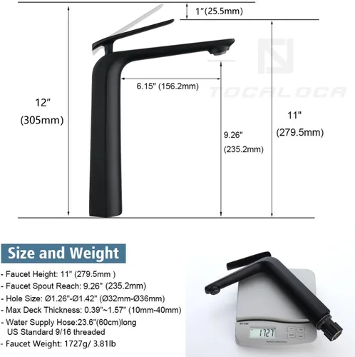 Miniatura 6 de TOCALOCA Grifo de baño negro alto para lavabo de baño, grifo de lavabo de baño negro mate, manija única 1 agujero mezclador de agua fría y caliente
