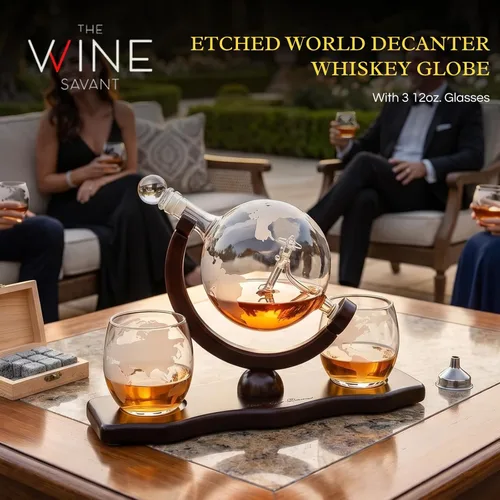 Miniatura 2 de Decantador del mundo grabado con globo de whisky, juego de regalo de whisky The Wine Savant con avión antiguo, piedras de whisky y 2 vasos de mapa