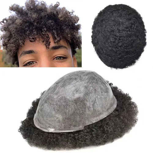 Miniatura 18 de Cabello afro rizado para hombre maravillas de cabello humano afroamericano de repuesto para hombres negros, piel de polietileno completa, sistema