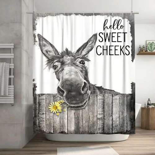 Funny Donkey - Cortina de ducha rústica con diseño floral, para baño, color blanco y negro, tela de poliéster moderna, impermeable, paquete de 12