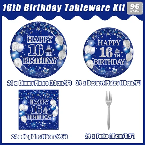 Miniatura 2 de Kepeel Juego de vajilla de 96 piezas para fiesta de 16º cumpleaños, decoraciones y suministros azul y plateado Feliz 16º Cumpleaños para niños
