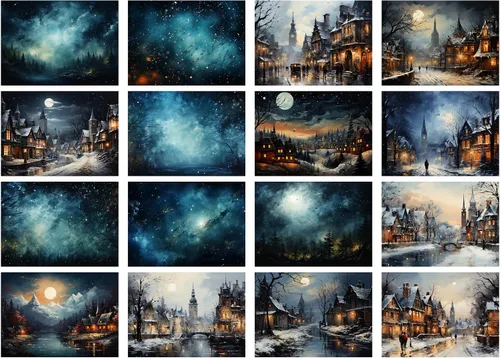 Miniatura 2 de Decoupage - Paquete de papel (35 hojas de 6 x 8 pulgadas), aldeas victorianas frías de invierno y cielos nocturnos increíbles, Navidad, FLONZ