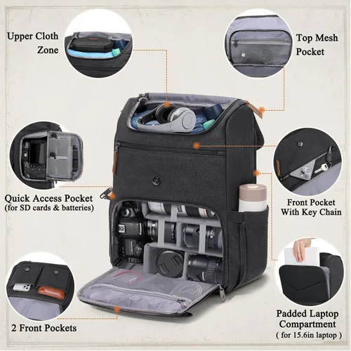 Miniatura 2 de RAINSMORE Mochila para Cámara para DSLR/SLR Sin Espejo Portátil de 15.6 Pulgadas Mochila para Cámara para Fotógrafos Bolsas Estuche de Fotografía