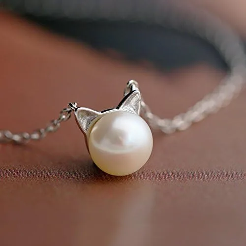 Miniatura 3 de S.Leaf Sterling Silver Cat Necklace Freshwater Cultured Pearl Cat Collarbone Charm Necklace