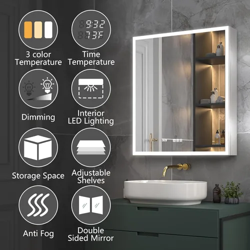 Miniatura 3 de ExBrite Botiquín iluminado de 28 x 32 pulgadas, armario con espejo LED empotrado/superficie con reloj y pantalla de temperatura, desempañamiento