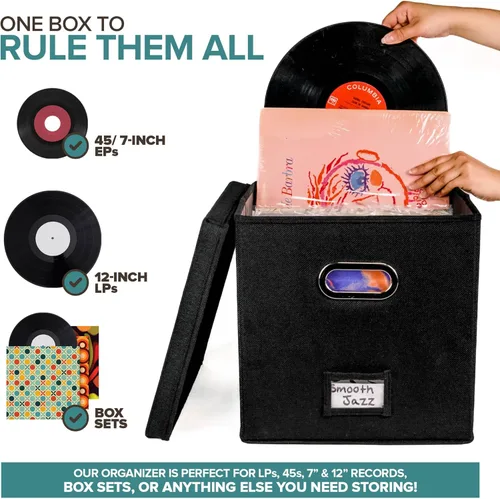 Miniatura 5 de Caja de almacenamiento de discos de vinilo para hasta 50 álbumes de 12 pulgadas, caja de registros, almacenamiento de álbumes LP, cajas