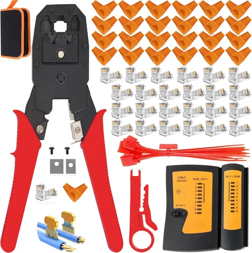 TAIWAIN Juego de herramientas de crimpado de red RJ45 CAT5 CAT6, cortador de crimpado de pelacables de paso para cable LAN, kit de conector de Rojo