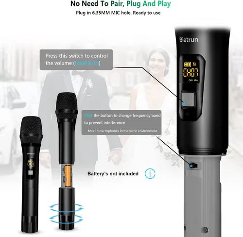 Miniatura 6 de Micrófono inalámbrico, sistema de micrófono dinámico inalámbrico dual de mano de metal UHF Bietrun con receptor recargable, salida de 1/4 pulgadas