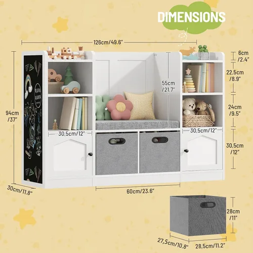 Miniatura 2 de Organizador y almacenamiento de juguetes, estantería para niños con cojín de asiento y pizarra, 2 cajones móviles, caja de almacenamiento