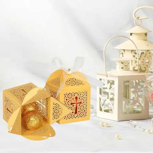 Miniatura 3 de KPOSIYA Paquete de 70 cajas de regalo de bautismo, cajas de dulces cortadas con láser con cintas, cajas de regalo pequeñas para baby shower, Dorado