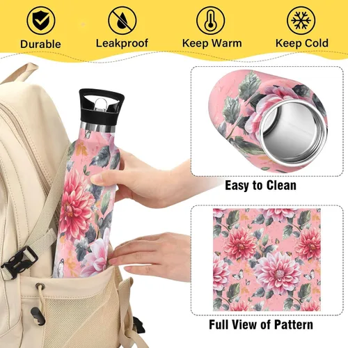Miniatura 4 de Retro Dahlia Pink BPA-Free Leak Proof Sports Insulated Water Bottle with Leak Proof Spout Lid Double Wall Vacuum Bike Running Sports Travel Gym