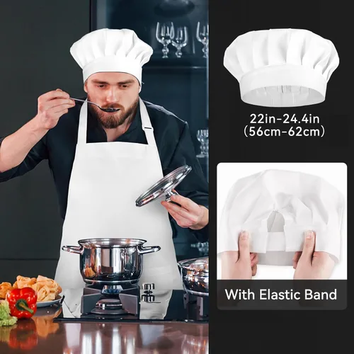 Miniatura 4 de NLUS Sombrero de chef blanco y delantal, juego de disfraz de chef ajustable, delantal de cocina para hornear con 2 bolsillos para hombres y mujeres