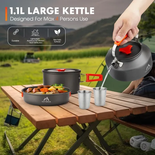 Miniatura 7 de THTYBROS 17pcs Camping Cookware Kit, 0.45Gal Pot, 7inches Pan,0.30Gal Kettle Set with 2 Set Stainless Steel Cups Plates Forks Knives Spoons for