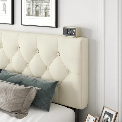 Miniatura 6 de CXVX Marco de cama de tamaño matrimonial con estructura de plataforma y cabecera tapizada, diseño con botones, listones de madera resistentes,