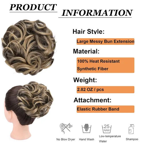 Miniatura 3 de Elaine Extensión de moño grande y desordenado, moño rizado, piezas de cabello sintético ondulado grande con coletero grueso para cola de caballo
