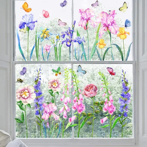 Miniatura 3 de KOKOLAP Adhesivo para ventana de flores de jardín, calcomanías de flores de iris para ventana, calcomanías de vinilo para pared de hojas verdes