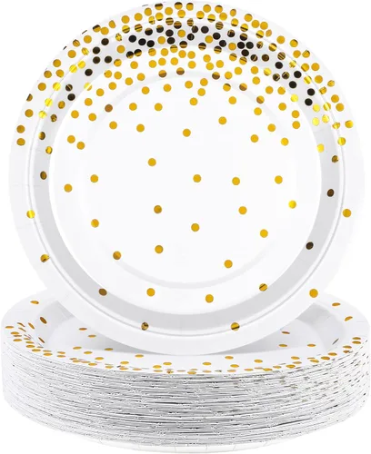Miniatura 9 de Aneco 60 platos de papel desechables de 9 pulgadas, platos de postre de lunares azules y dorados, platos redondos de papel para bodas, despedidas
