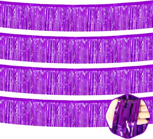 Miniatura 9 de Paquete de 4 guirnaldas de flecos de papel de aluminio negro de 10 pies con serpentinas metálicas de oropel para colgar en la pared, telón de fondo