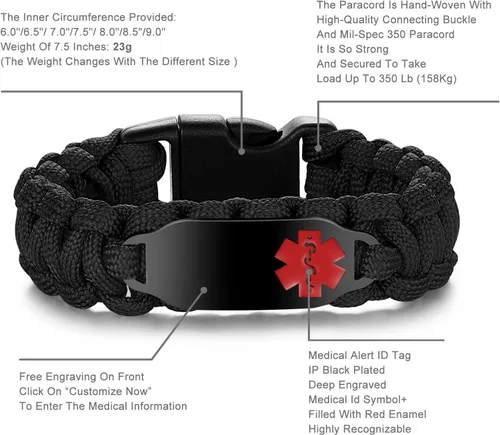 Miniatura 41 de Pulsera de alerta médica Paracord para hombres y mujeres Pulsera de identificación médica de acero inoxidable con hebillas de liberación lateral