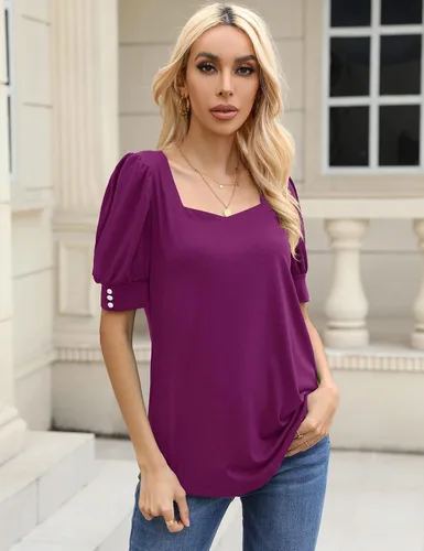 Miniatura 3 de Micoson Blusas casuales de manga corta abombada, cuello cuadrado, con puños de botón