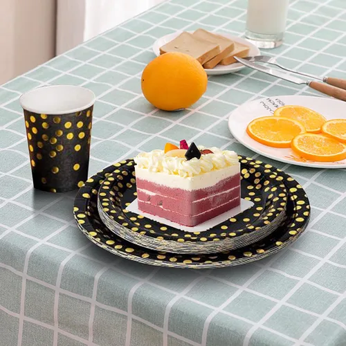 Miniatura 5 de Paquete de 50 platos de papel negros y dorados, 7 pulgadas, metálicos con lunares de papel de aluminio, desechables, platos de postre para fiestas