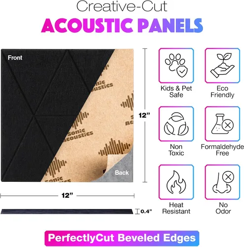 Miniatura 2 de Paquete de 18 paneles acústicos autoadhesivos, paneles absorbentes de sonido de 12 x 12 x 0.4 pulgadas, paneles cuadrados de alta densidad a prueba
