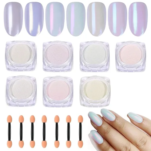 Polvo de 7 colores Symphony Mermaid Pearl Neon Ice Aurora - Polvo de uñas blanco con efecto espejo metálico de alto brillo