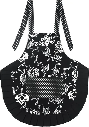 Miniatura 4 de G2PLUS Delantal de cocina floral vintage para mujer, delantal de cocina con dobladillo plisado negro con bolsillo, delantal de algodón retro
