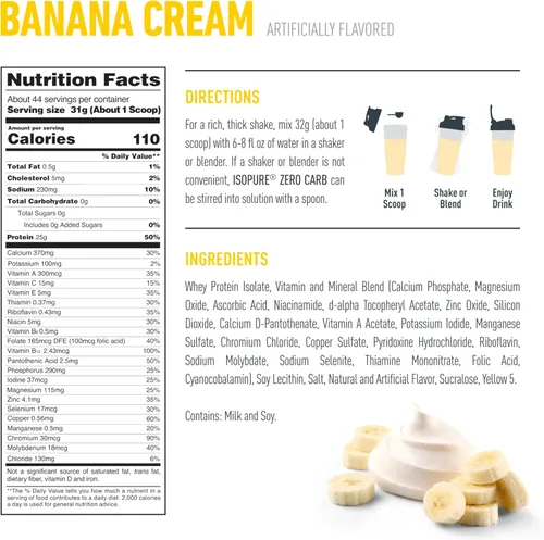 Miniatura 5 de Isopure Zero Carb 100% Proteína Pura de Suero Aislado en Polvo, Libre de Lactosa, Libre de Gluten, Con Vitaminas, Crema de Plátano, 25g de Proteína