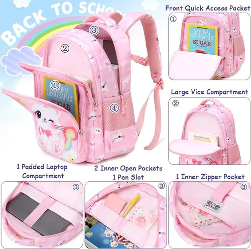 Miniatura 35 de Juego de mochila para niñas y adolescentes, mochila escolar para niños con bolsa para el almuerzo, estuche para lápices, mochilas escolares