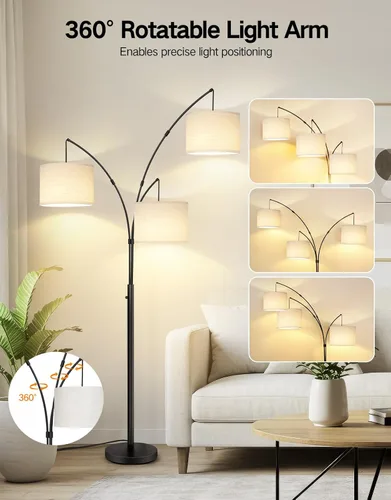 Miniatura 5 de OUTON Lámpara de pie LED de arco, lámpara de pie alta moderna negra de 3 luces para dormitorio, 2400lm lámparas de esquina de pie ajustables