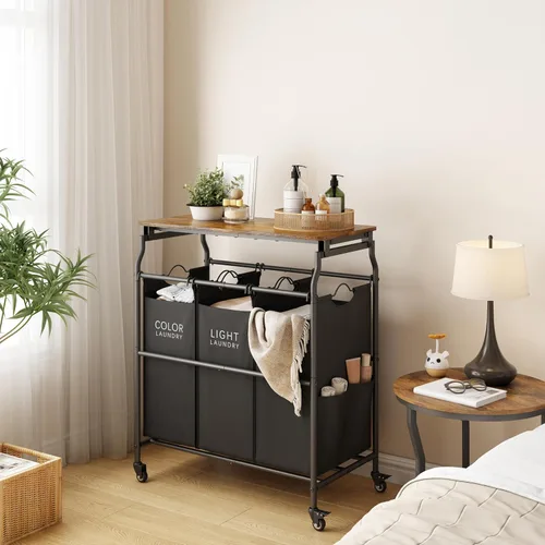 Miniatura 7 de Hoctieon Carrito clasificador de ropa de 3 secciones con tabla de planchar, cesta de lavandería con estante y ruedas rodantes, organizador de cesta