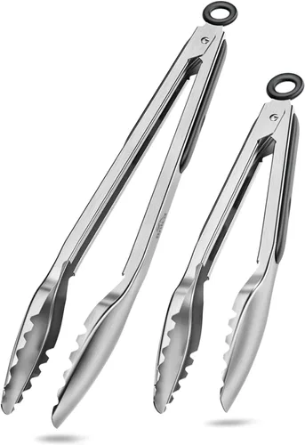 Pinzas de Cocina con Dientes, Juego Premium de Pinzas de Cocina de Acero Inoxidable de 2 Piezas - 9" y 12", Pinzas de Metal para Alimentos de