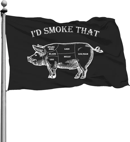 Bandera de barbacoa divertida con texto en inglés "I'd Smoke That Pig" de 3 x 5 pies, colores vivos y resistentes a la decoloración UV, banderas
