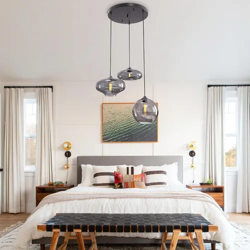 Miniatura 8 de Moderna Lámpara Colgante de 3 Luces de Vidrio en Tono Gris Ahumado con Globo de Cristal Clúster Lámpara de Techo de Estilo Nórdico con Múltiples