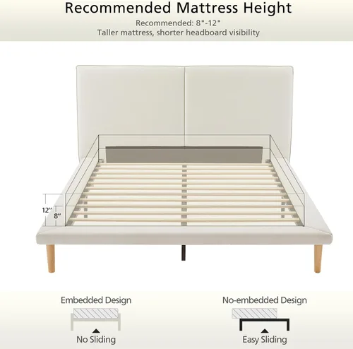 Miniatura 8 de VELOCAVA Base de cama de plataforma tamaño Queen con rieles laterales de 5.9 pulgadas de ancho, cama tapizada beige con cabecero, estilo escandinavo