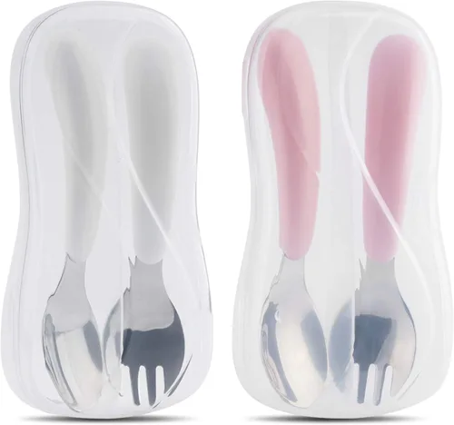 Miniatura 8 de Kirecoo Juego de 2 utensilios para niños pequeños, tenedores y cucharas para niños, juego de cubiertos de acero inoxidable para niños, cubiertos