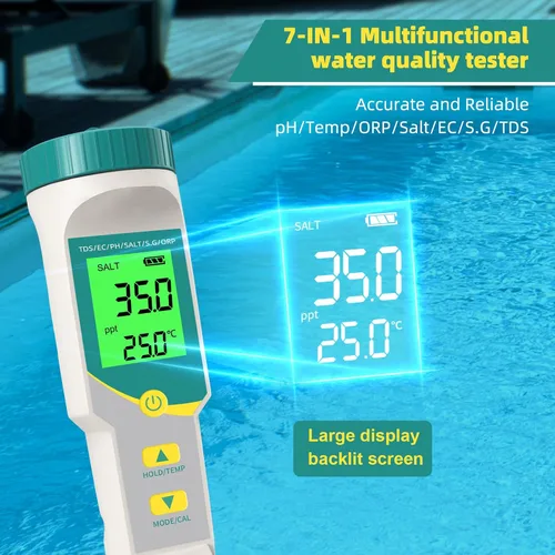 Miniatura 6 de Medidor de PH/TDS Medidor digital de agua 7 en 1 Medidor TDS y probador de salinidad PH Temp EC, Medidor de PH de alta precisión para agua con Verde