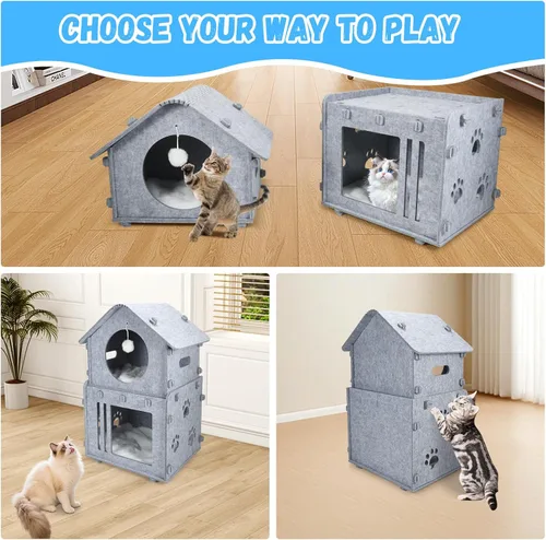 Miniatura 7 de Casa desmontable de 2 plantas para gatos de interior, camas cubiertas y muebles con acolchado lavable, bonito condominio moderno para mascotas
