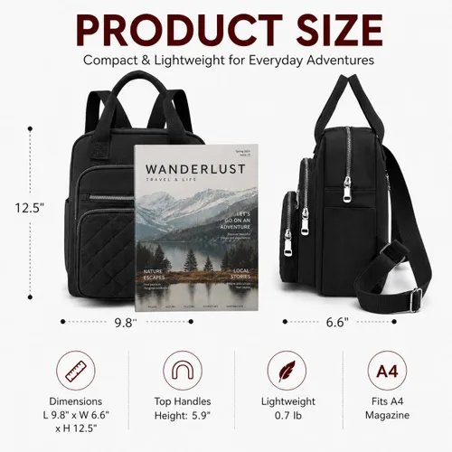 Miniatura 7 de Mochila pequeña para mujer, casual, acolchada, cuadrada, impermeable, con múltiples bolsillos, ligera, asa superior, Negro, Pequeño, Mochilas