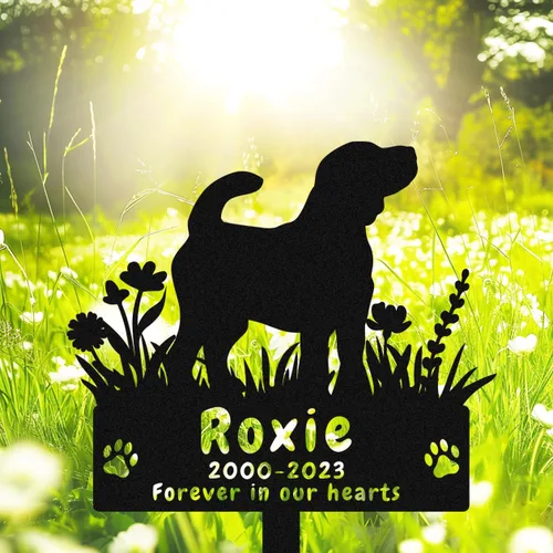 Estaca conmemorativa para tumba de perro Beagle personalizada, diseño de flores personalizado Beagle Dog Memorial Grave Marker Lápida de metal,