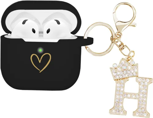Miniatura 17 de Compatible con AirPods 4 Cover 2024, funda de silicona suave con patrón de corazón dorado para 4ª generación, llavero de letra A-Z con diamantes