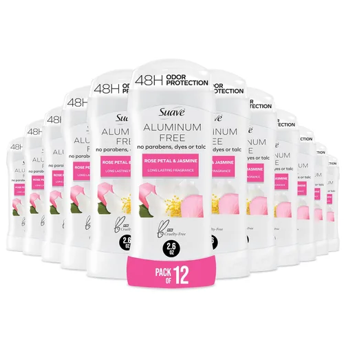Suave Desodorante sin aluminio para mujeres, pétalo de rosa y jazmín, protección contra olores de 48 horas, libre de talco, parabenos y colorantes,