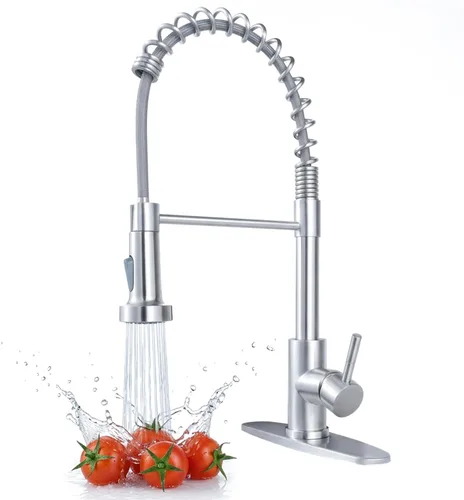 Miniatura 12 de Grifo de cocina de perfil bajo extraíble con rociador, grifo de fregadero de lavandería de acero inoxidable de una sola manija con níquel cepillado