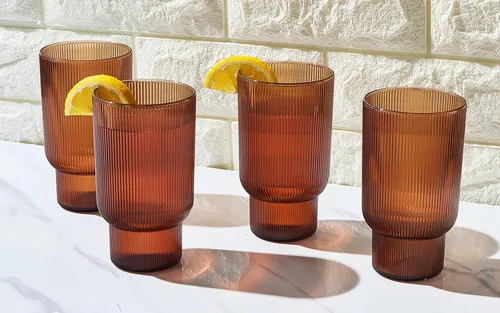 Miniatura 2 de Juego de 4 vasos altos de acrílico inastillables, estilo europeo, aptos para lavavajillas, acanalados, juego de 4, tritán estriado, plástico Naranja