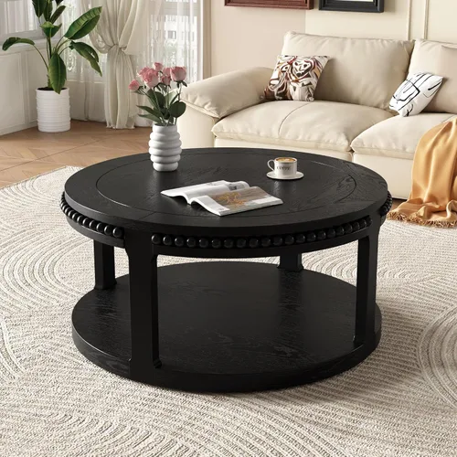 Miniatura 10 de KEVINSPACE Mesa auxiliar negra con borde dorado en la parte inferior, mesa de centro redonda para espacios pequeños, mesa auxiliar de madera mesita